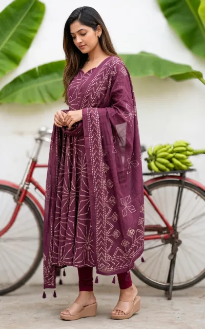 Jerisha Plum Bandhani Printed Anarkali (Kurti+Dupatta)